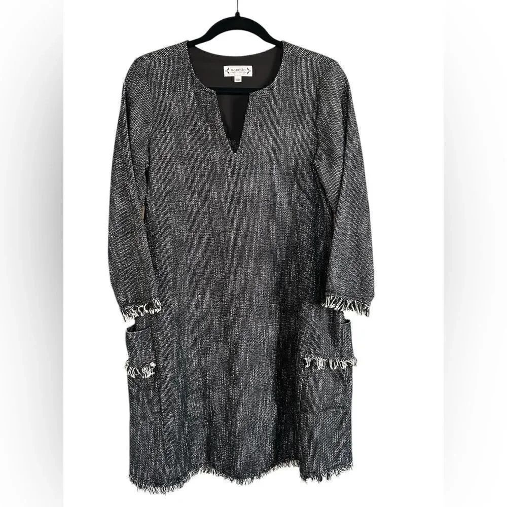 Nanette Lepore Black & White Tweed Fringe Artsy Mock Dress